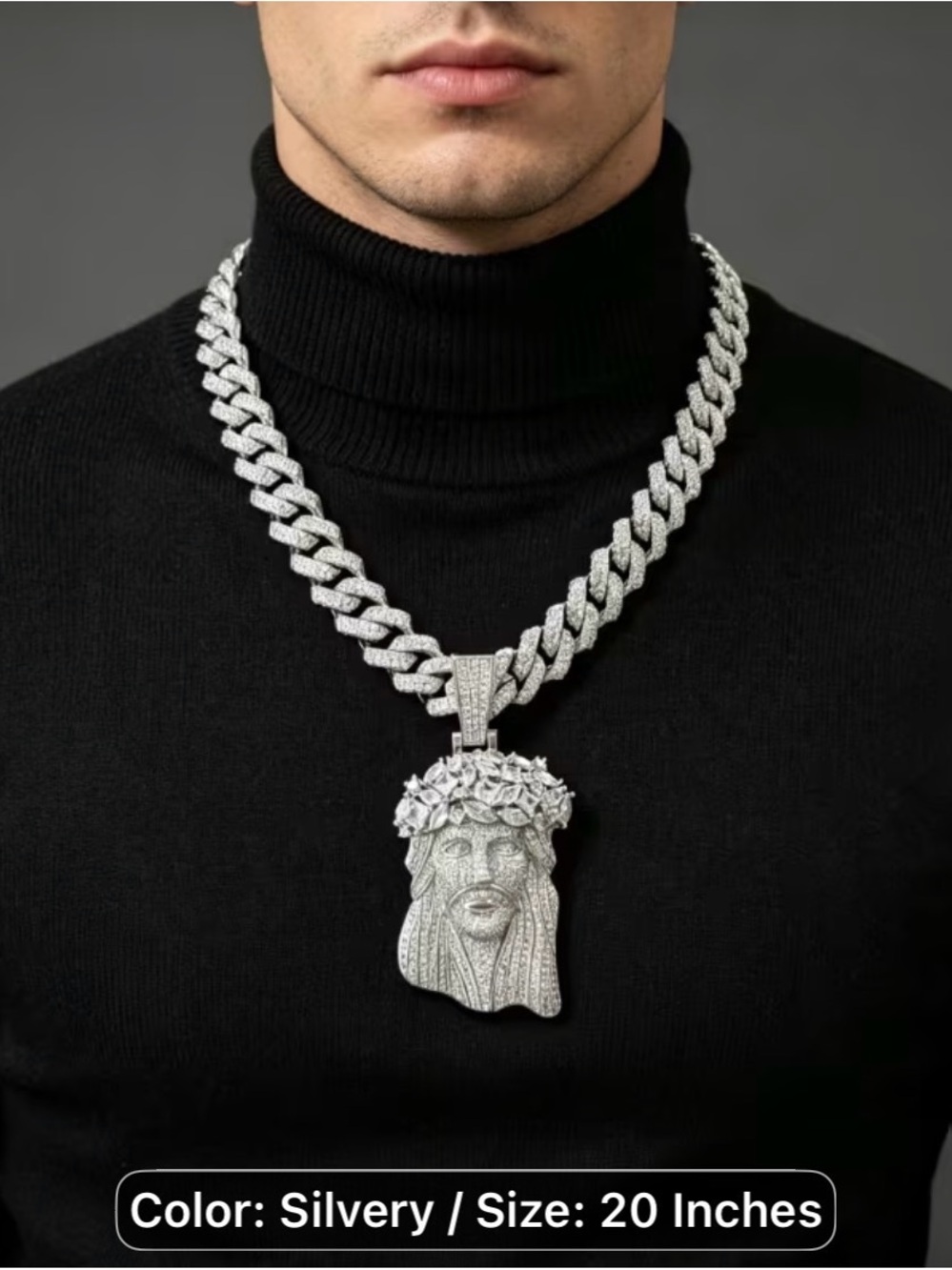 1PCS Silver tone Cuban Link Necklace with Jesus Pendant